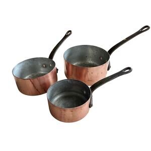 3 Vintage Cordon Bleu BIA Copper Tin Lined Sauce Pan Made In France 12 14 16